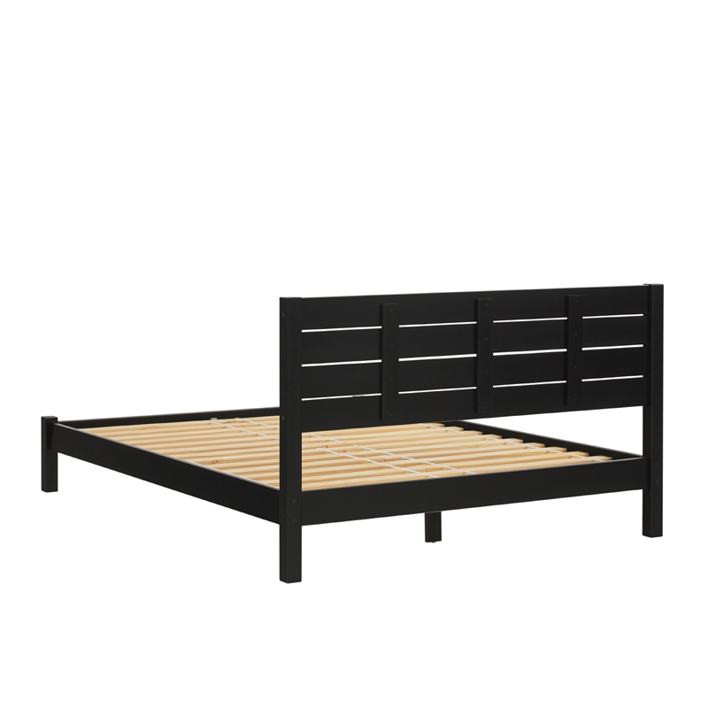 Solid Wood Minimalist Boho Queen Bed with Simple Headboard - Black