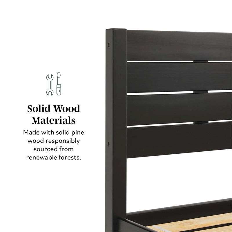 Solid Wood Minimalist Boho Queen Bed with Simple Headboard - Black