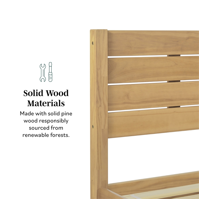 Solid Wood Minimalist Boho Queen Bed with Simple Headboard - Natural Pine