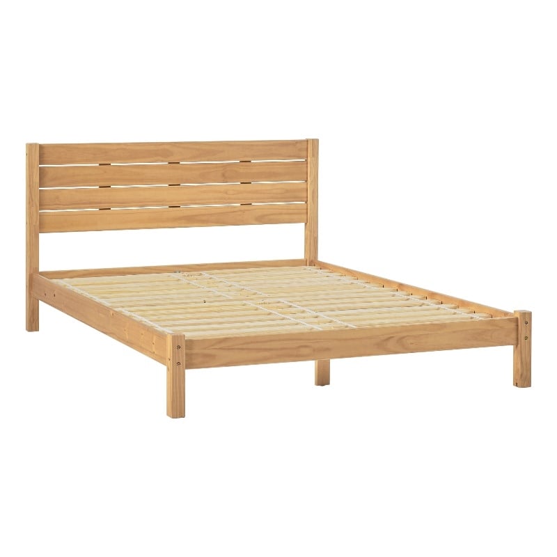 Solid Wood Minimalist Boho Queen Bed with Simple Headboard - Natural Pine