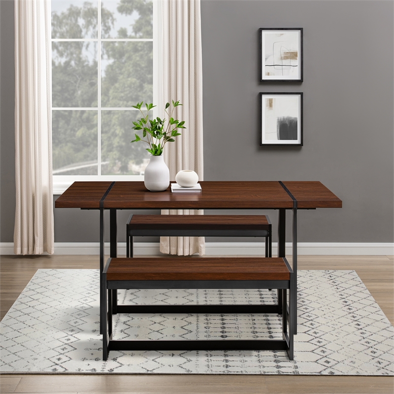 Walker Edison 3 Piece Wood Dining Set with 2 Benches in Dark Walnut/Black