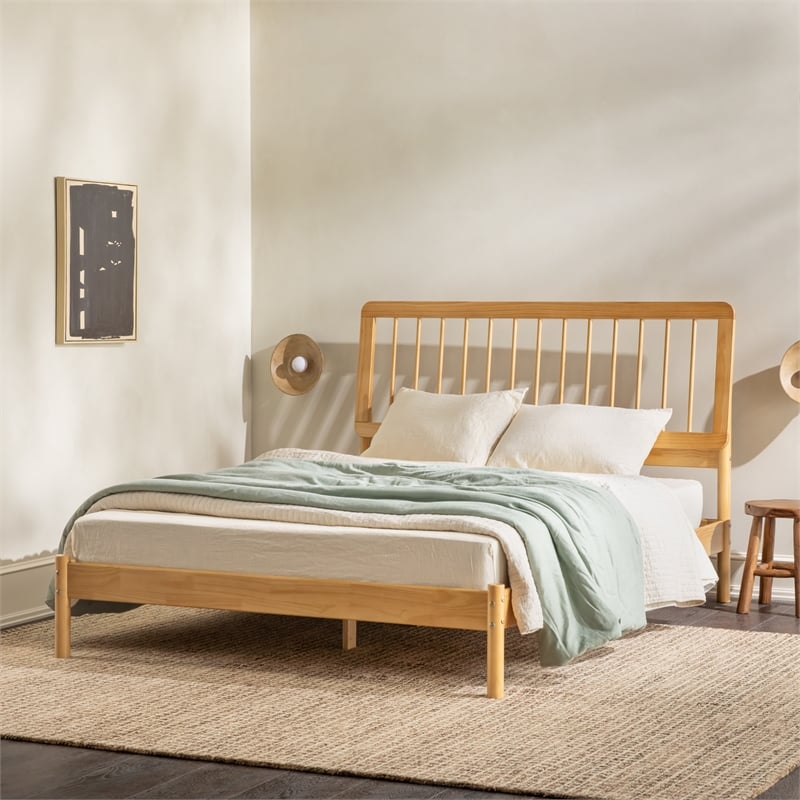 Solid Wood Mid-century Modern Queen Spindle Bed - Natural Pine