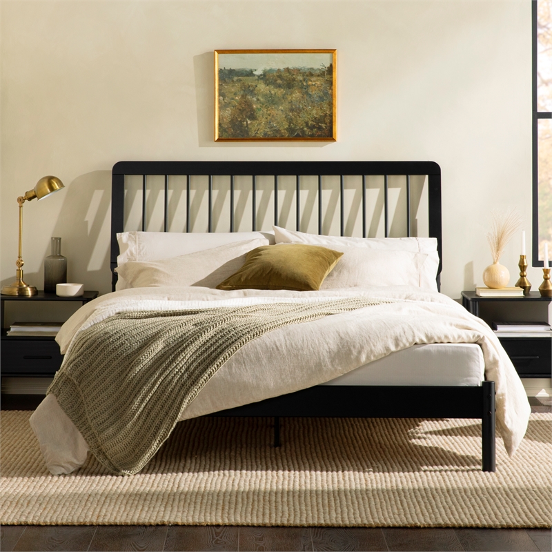 Solid Wood Mid-century Modern Queen Spindle Bed - Black