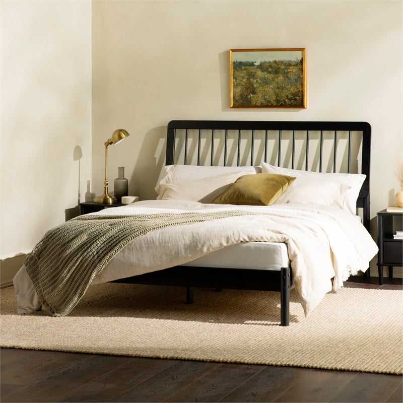 Solid Wood Mid-century Modern Queen Spindle Bed - Black