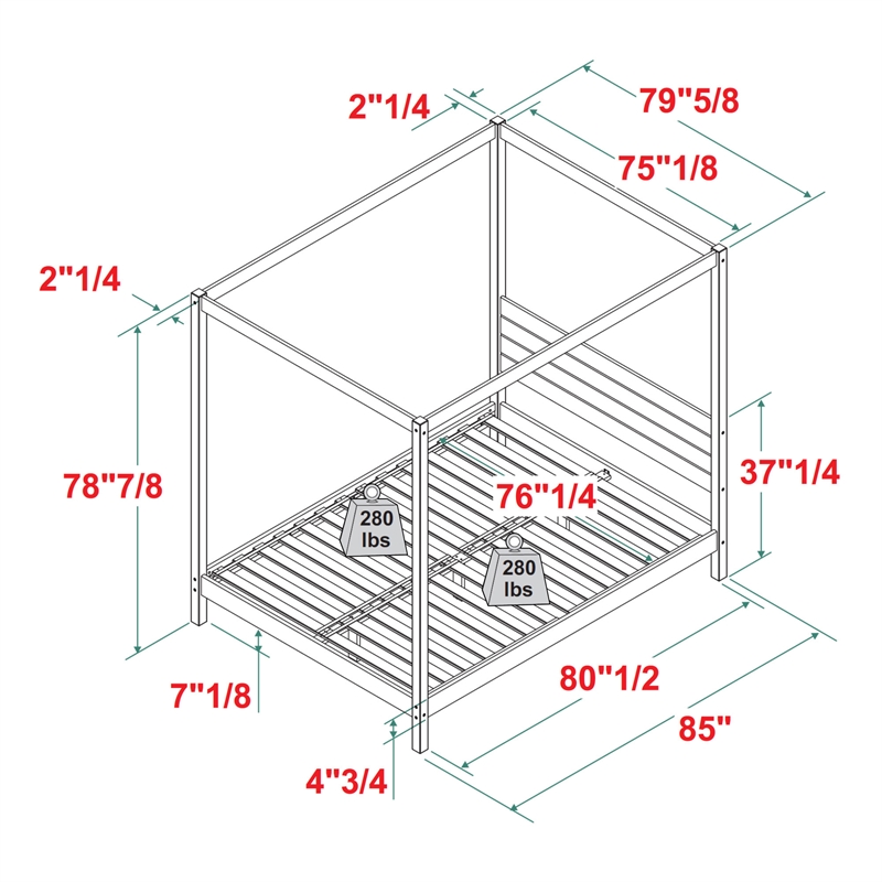 Walker Edison Wood King Size Canopy Bed with Slatted Headboard in Black