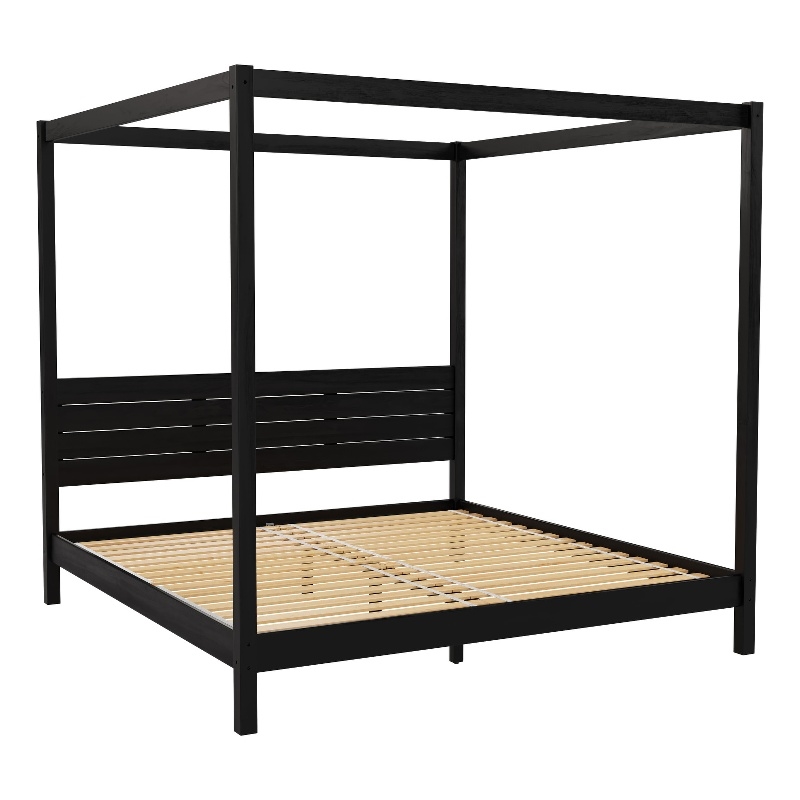Walker Edison Wood King Size Canopy Bed with Slatted Headboard in Black