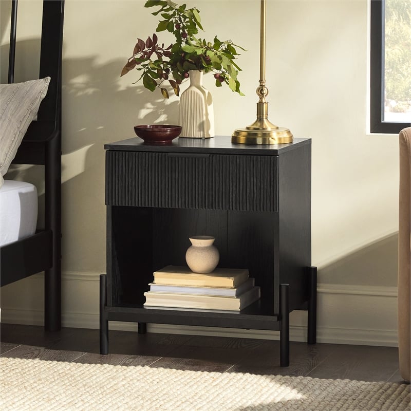 Walker Edison Reeded 1-Drawer Modern Wood Nightstand in Black