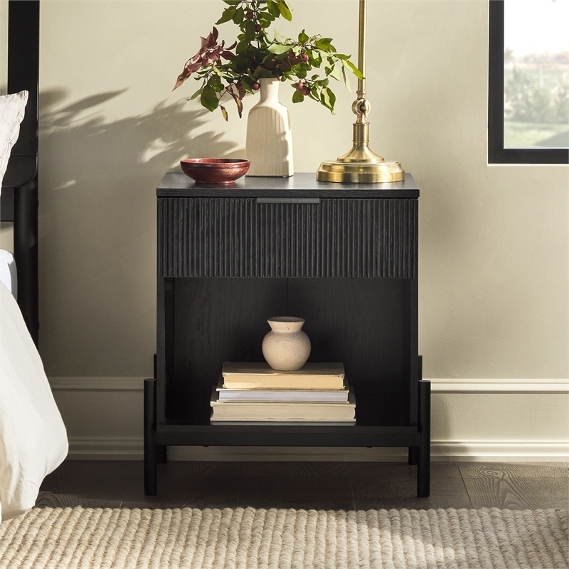 Walker Edison Reeded 1-Drawer Modern Wood Nightstand in Black