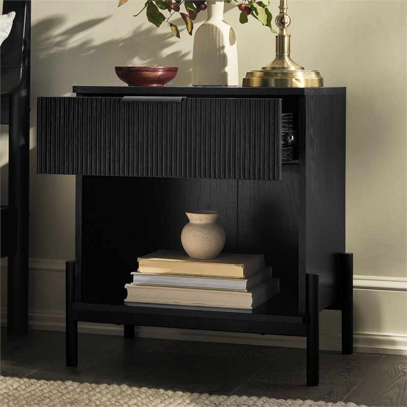 Walker Edison Reeded 1-Drawer Modern Wood Nightstand in Black