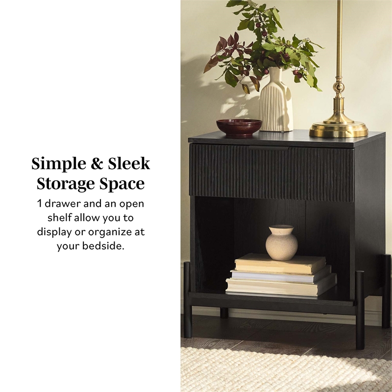 Walker Edison Reeded 1-Drawer Modern Wood Nightstand in Black