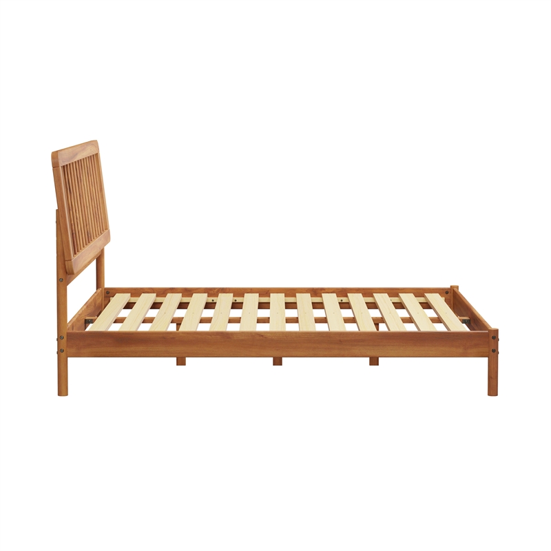 Walker Edison Mid-Century Solid Wood King Size Bed with Slat-Back in Caramel