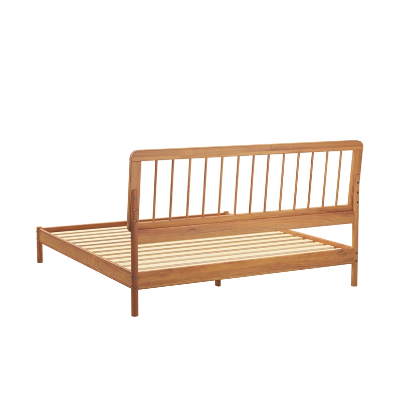 Walker Edison Mid-Century Solid Wood King Size Bed with Slat-Back in Caramel