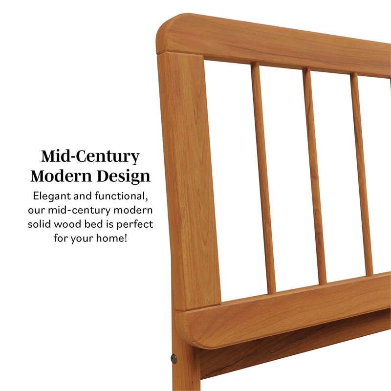 Walker Edison Mid-Century Solid Wood King Size Bed with Slat-Back in Caramel