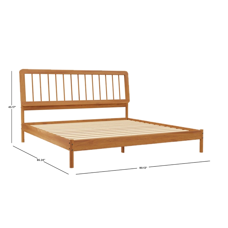 Walker Edison Mid-Century Solid Wood King Size Bed with Slat-Back in Caramel
