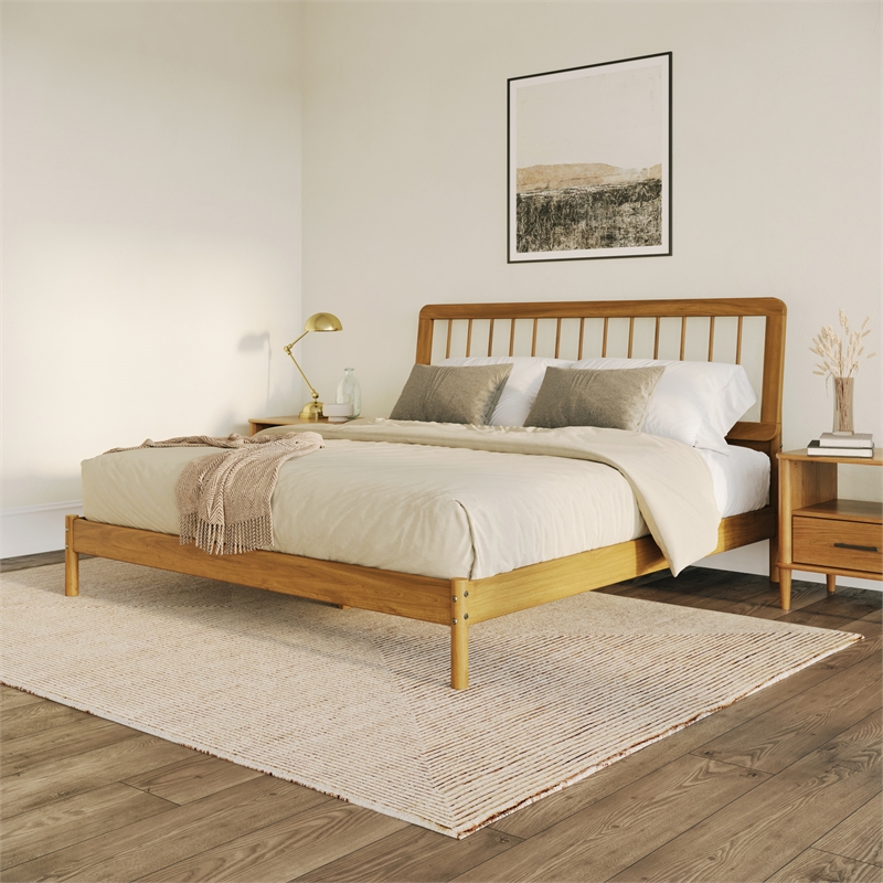 Walker Edison Mid-Century Solid Wood King Size Bed with Slat-Back in Caramel