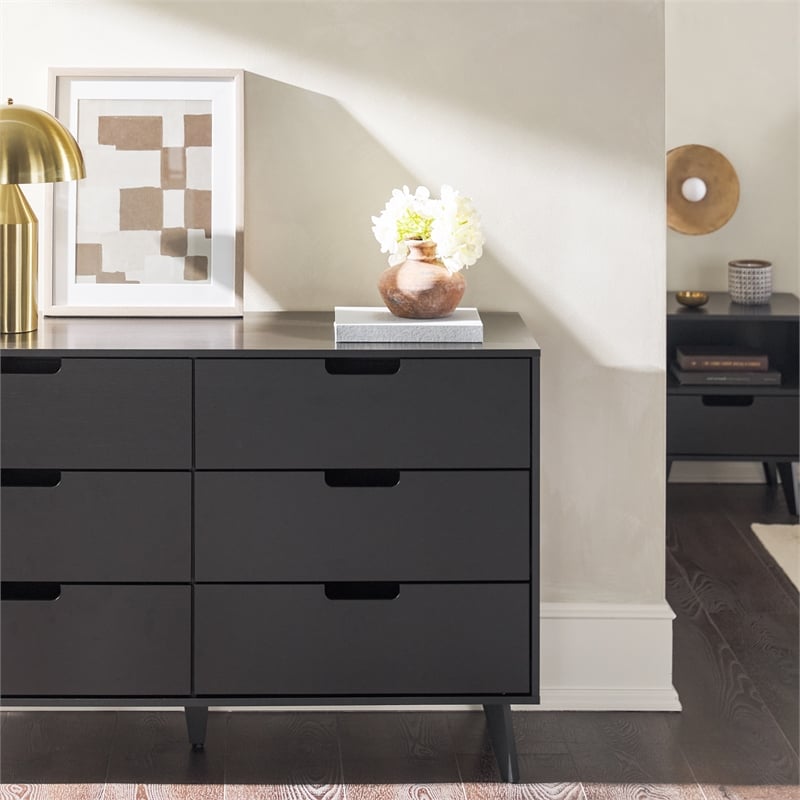 Walker Edison Simple Wood 6 Drawer Dresser with Cut Out Handles - Black