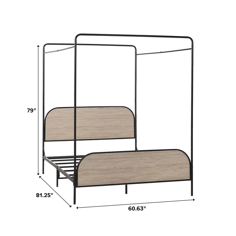 Walker Edison Industrial Bent Mid-Century Metal Queen Size Canopy Bed in Oak