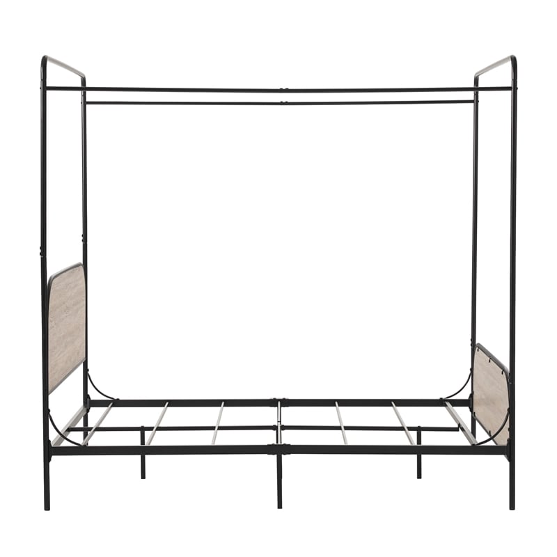 Walker Edison Industrial Bent Mid-Century Metal Queen Size Canopy Bed in Oak