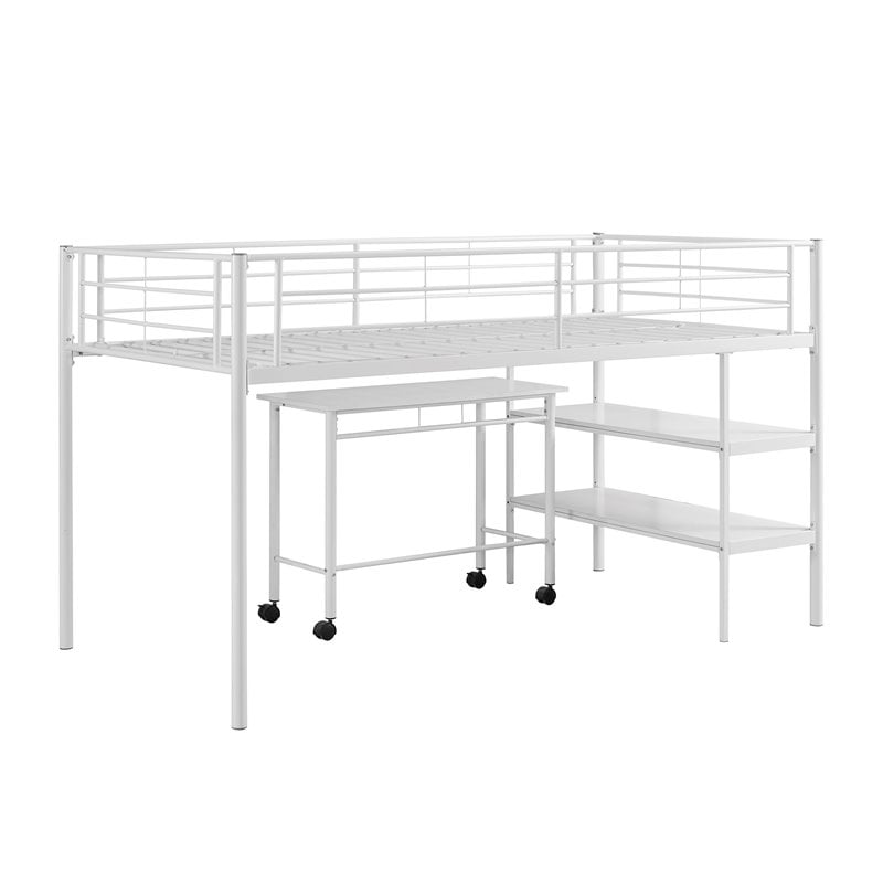 Twin Loft Bed With Desk And Shelves In, Metal Loft Bed With Desk And Shelves
