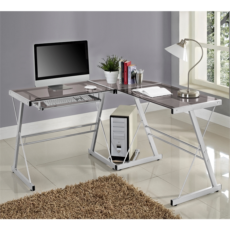 L Shaped Glass Top Computer Desk In Silver