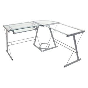 l shaped glass top computer desk in silver