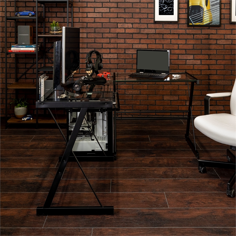 L Shape Clear Glass Computer Desk With Black Metal Frame Cymax Business