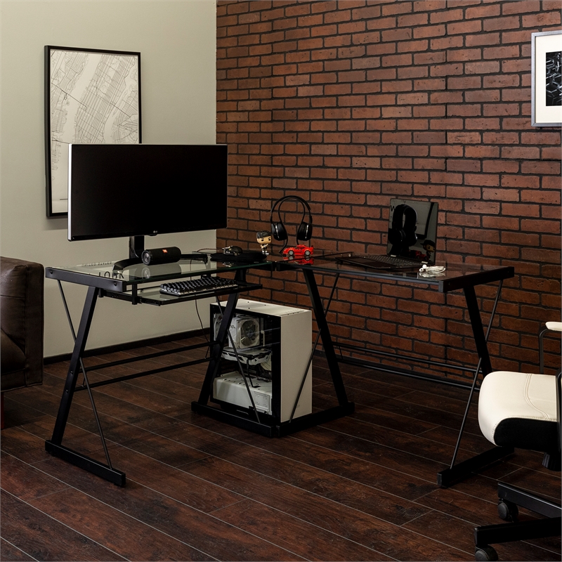 L Shape Clear Glass Computer Desk With Black Metal Frame