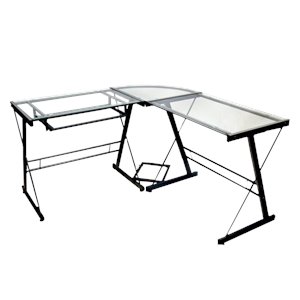 l shape clear glass computer desk with black metal frame