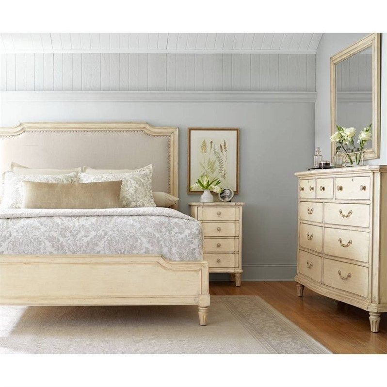 stanley european cottage queen upholstered bed in vintage white
