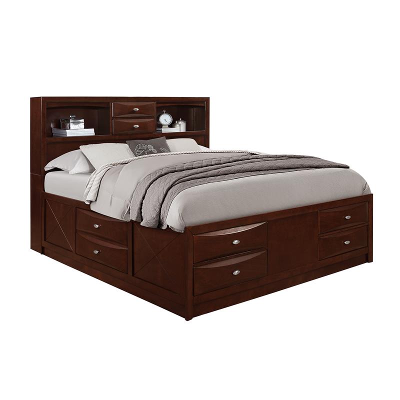 Global Furniture USA Linda New Merlot Wood King Bed with Storage and Bookcase