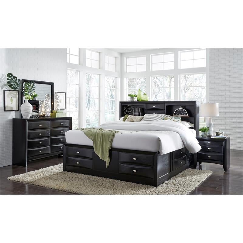 Global Furniture USA Linda Black Wood Full Bed with Bookcase and Storage