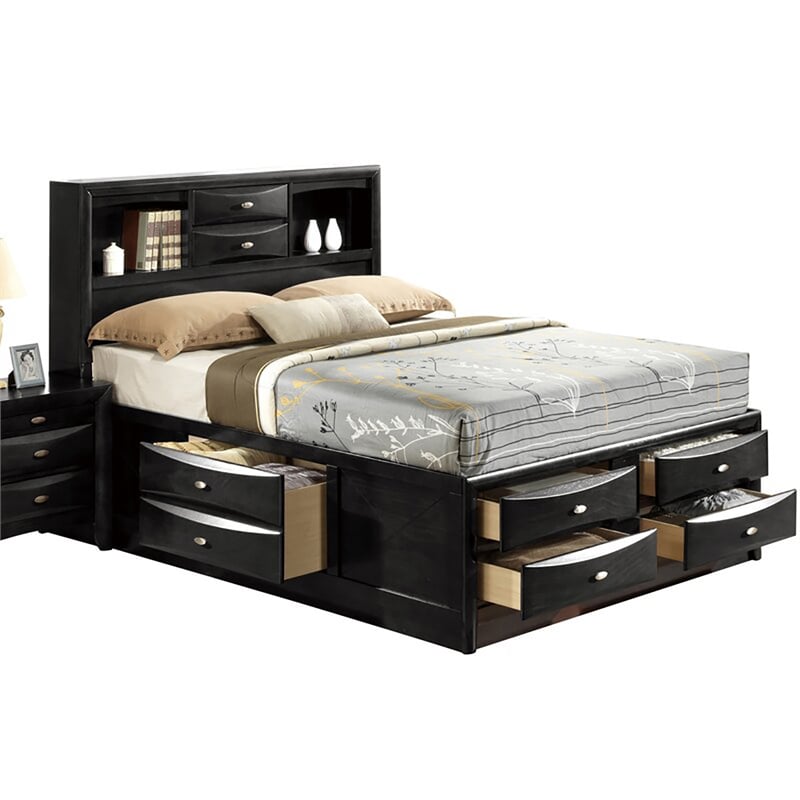 Global Furniture USA Linda Black Wood Full Bed with Bookcase and Storage