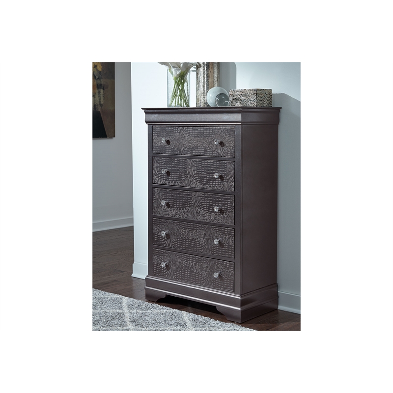 Global Furniture USA Pompei Wooden Gray 5-Drawer Chest with Crystal Knob