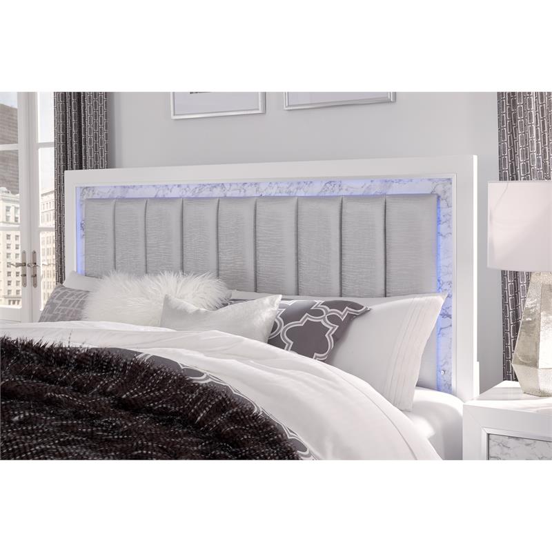 Global Furniture USA Santorini White Wooden King Bed with LED Headboard Lighting