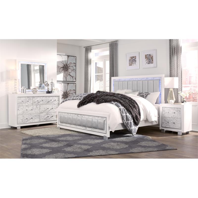 Global Furniture USA Santorini White Wooden King Bed with LED Headboard Lighting