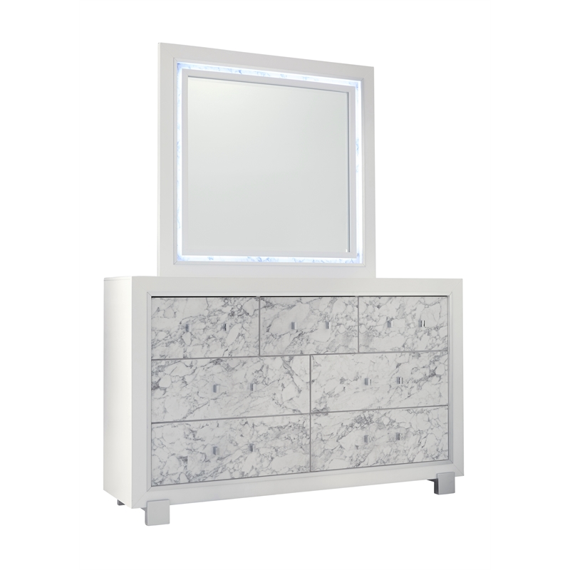 Global Furniture USA Santorini White Wooden Mirror with LED Lighting