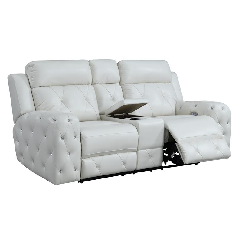 Global Furniture Usa Jewel Embellished, White Leather Reclining Sofa With Console