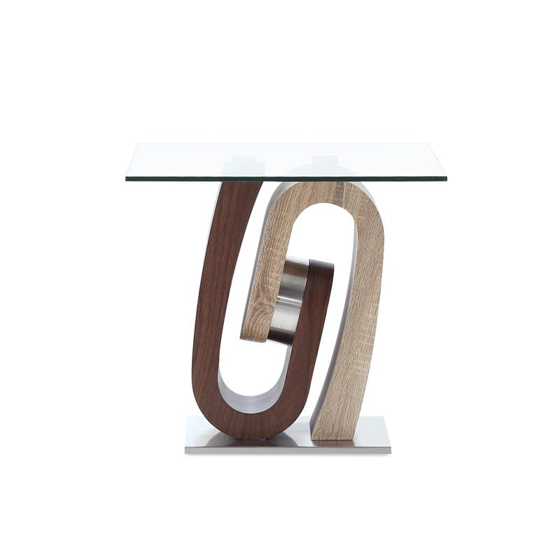 Global Furniture USA Stainless Steel and Glass Top End Table in Walnut/Oak