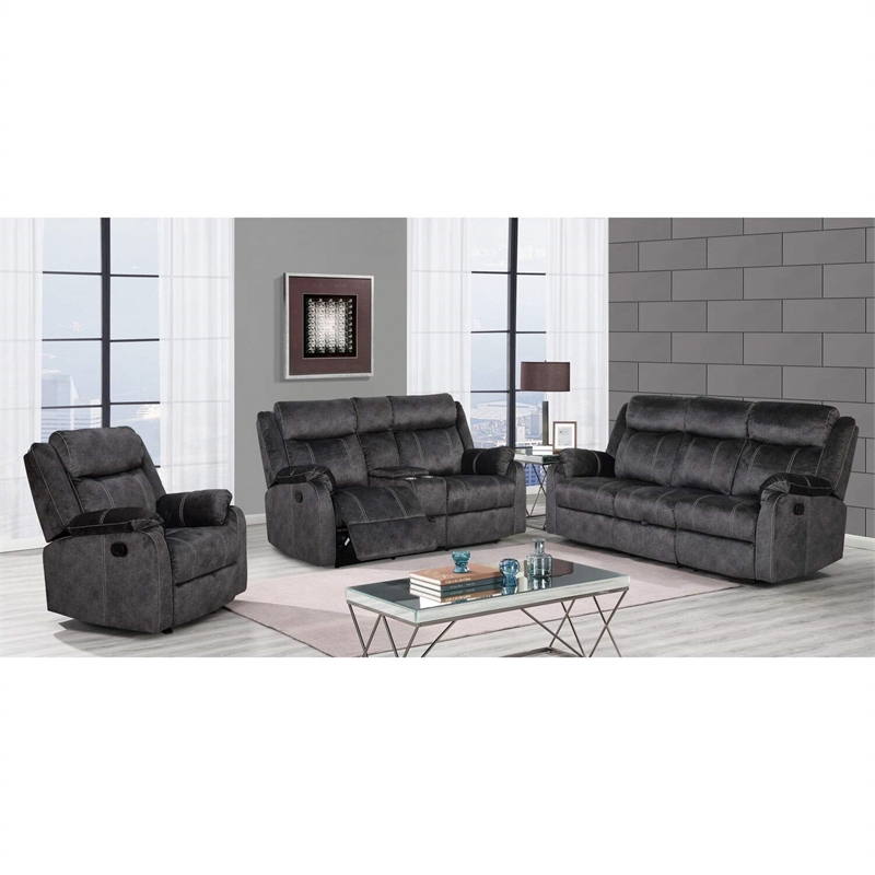 Global Furniture USA Microfiber Recliner Sofa with DDT & Drawer in Gray