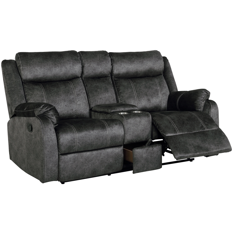 Global Furniture USA Domino Fabric Gray Reclining Loveseat w/ Console and Drawer
