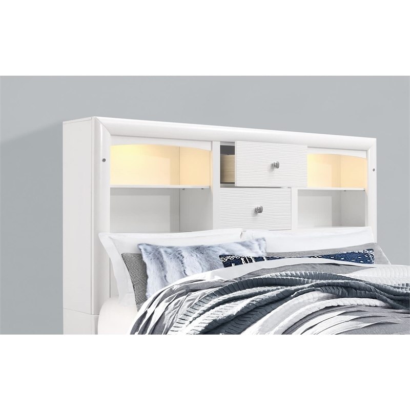 Global Furniture USA Jordyn White Wood King Storage Bed with LED Headboard