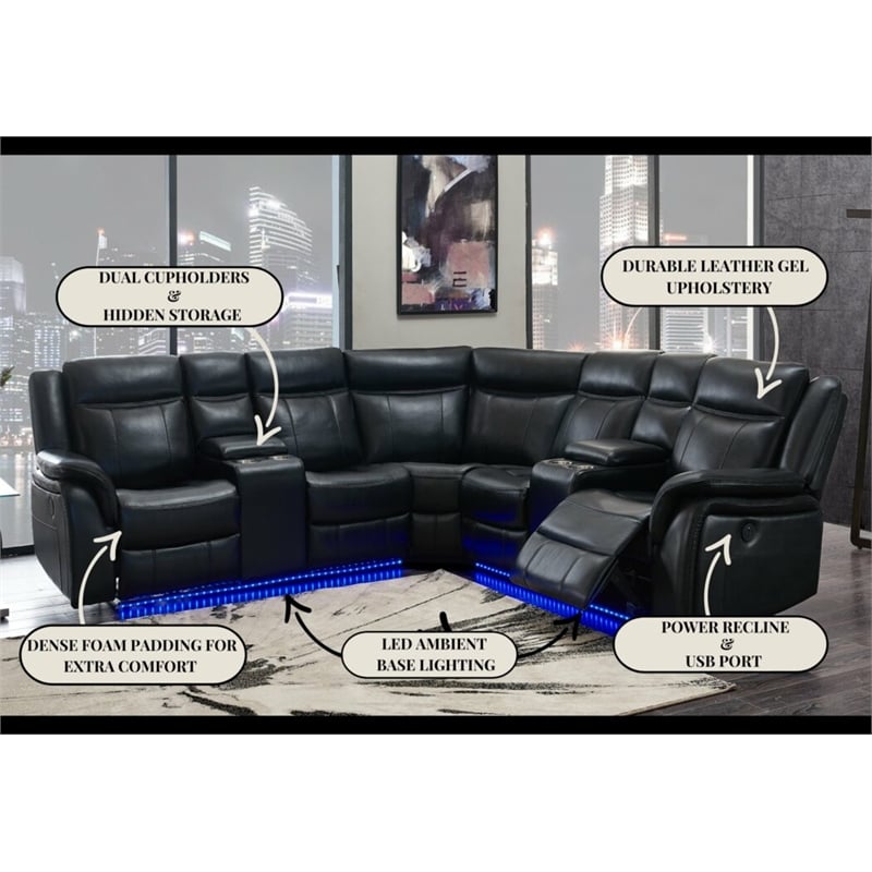 Global Furniture USA UM02 Blanche Faux Leather Black Sectional W/ LED Lighting