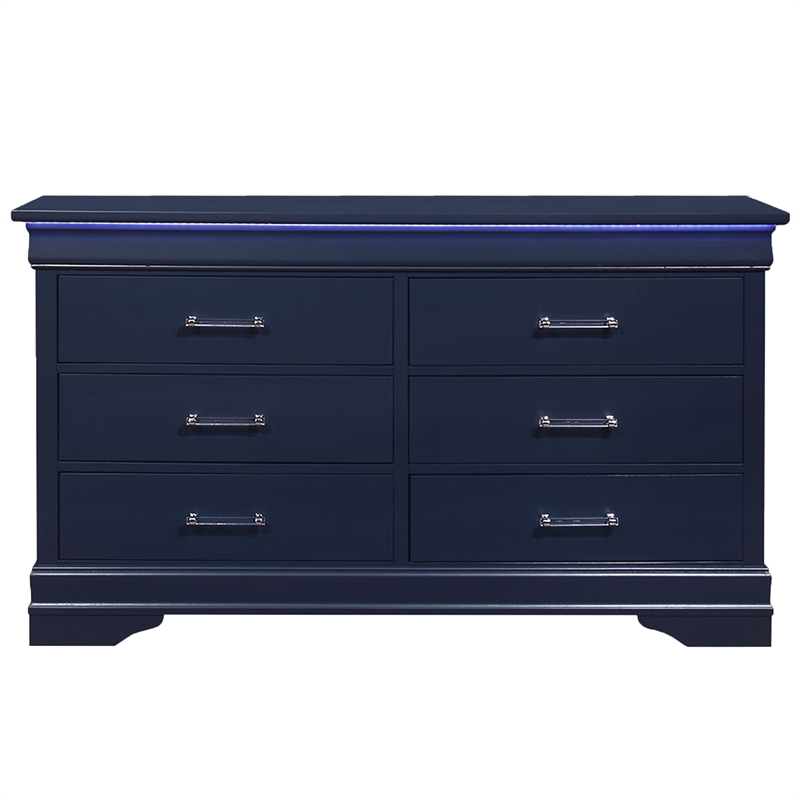 Global Furniture USA Traditional Charlie Blue Wood 6-Drawer Dresser with LED