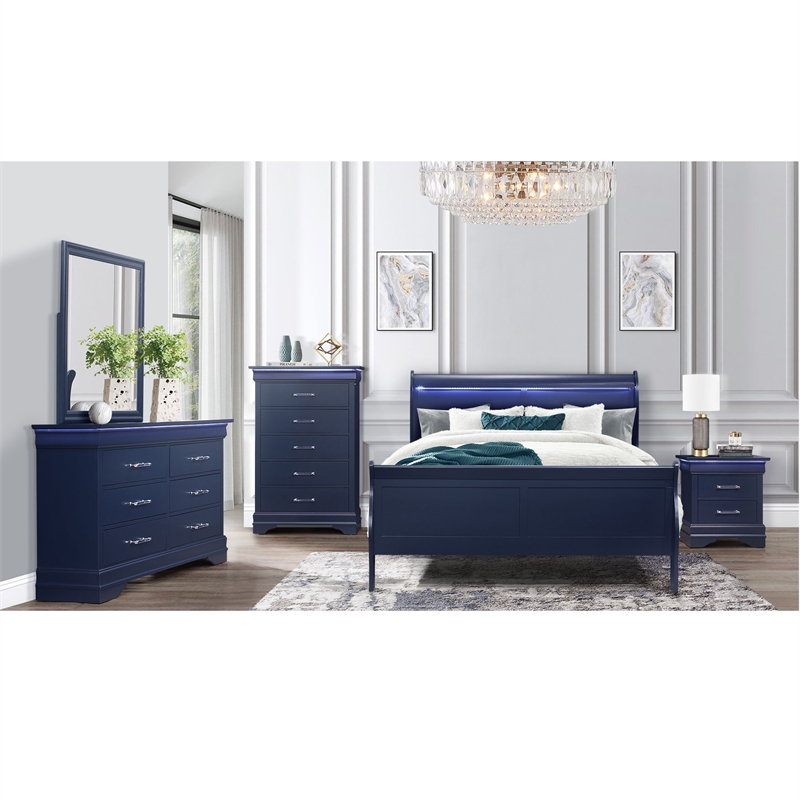Global Furniture USA Traditional Charlie Blue Wood Queen Bed with LED