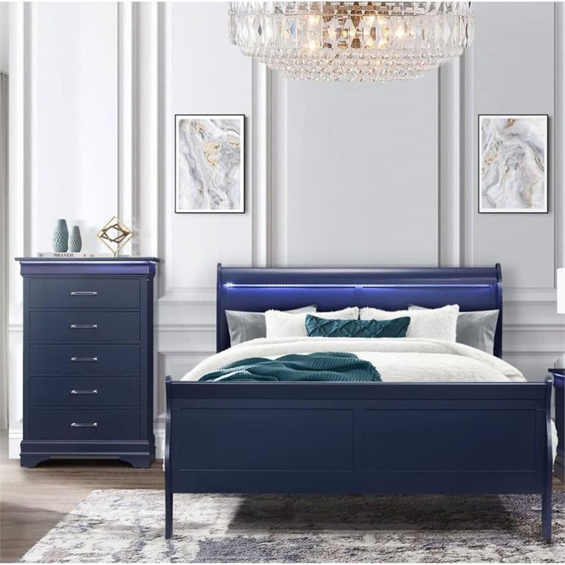 Global Furniture USA Traditional Charlie Blue Wood Full Bed with LED