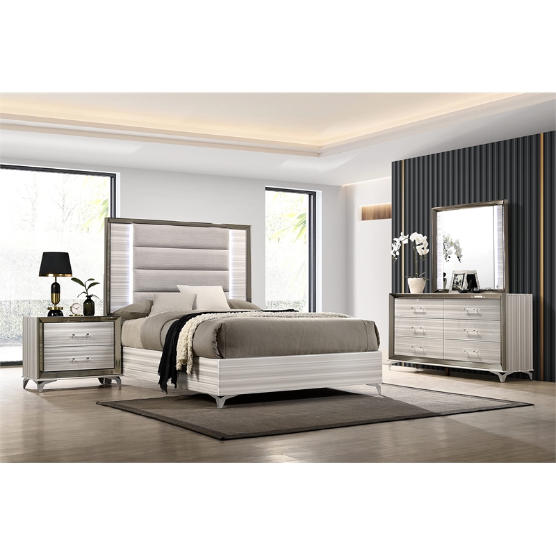 Global Furniture USA Zambrano Fabric Upholstered Queen Platform Bed LED - White