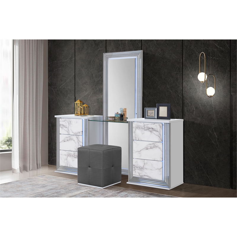 Global Furniture USA Ylime White High Gloss Marble Vanity Set with LED