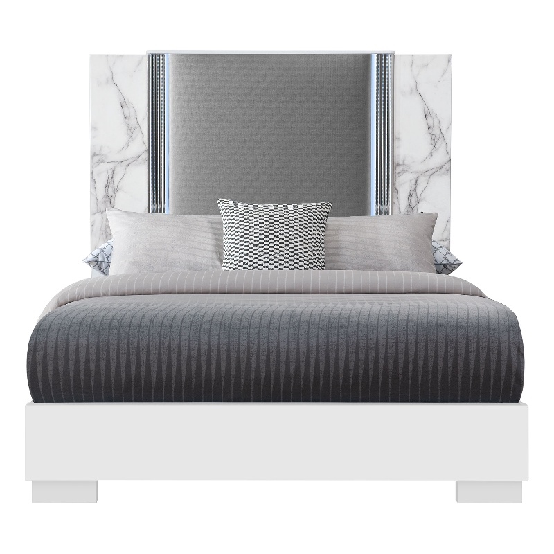 Global Furniture USA Ylime White High Gloss Marble Queen Bed with LED