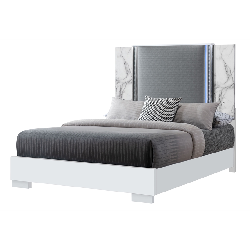 Global Furniture USA Ylime White High Gloss Marble Queen Bed with LED