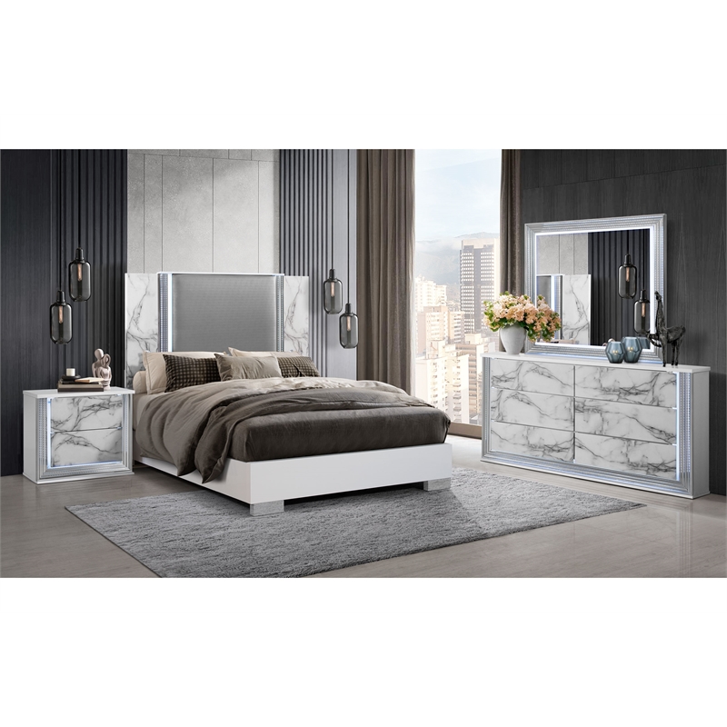 Global Furniture USA Ylime White High Gloss Marble Queen Bed with LED